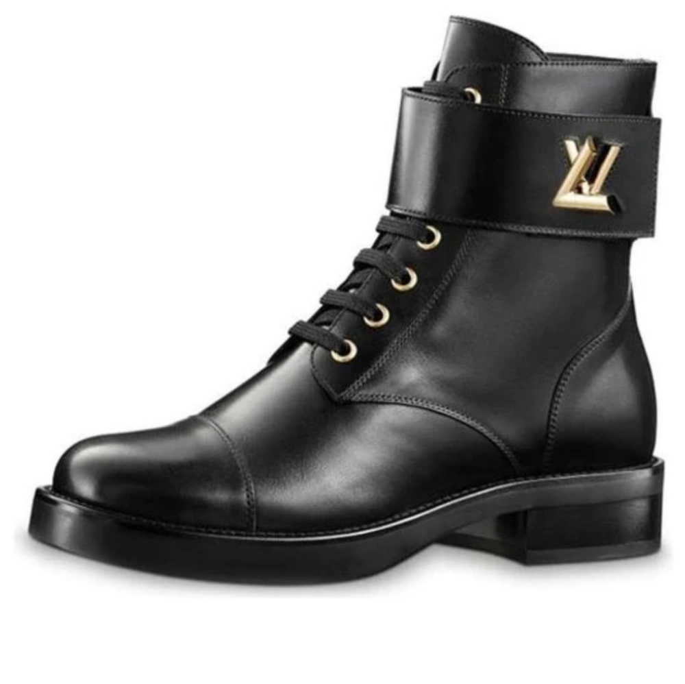 Louis Vuitton Black Combat Boots with Gold Accents